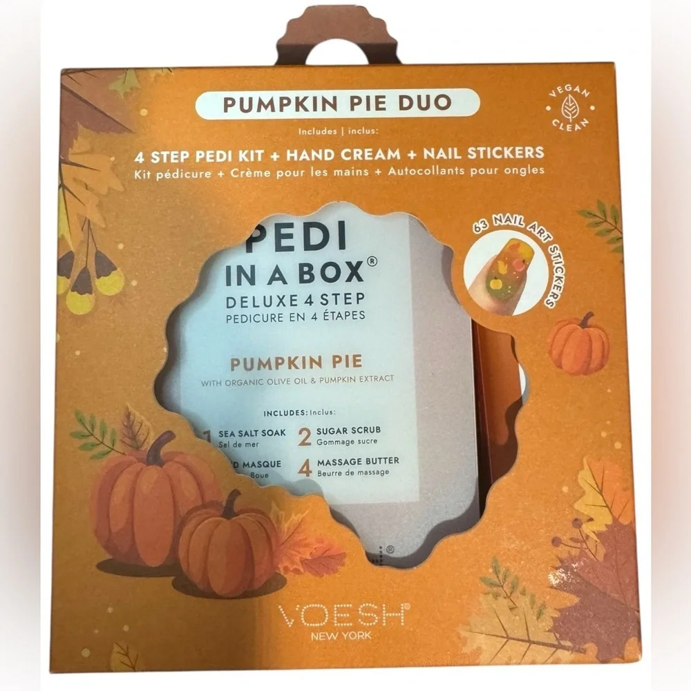 VOESH LIMITED EDITION PUMPKIN PIE DUO 4 Step Pedi Kit +Hand Cream+ Nail Stickers